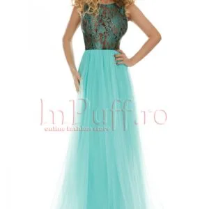 Rochie Atmosphere lunga din tul mint cu dantela verde in zona bustului