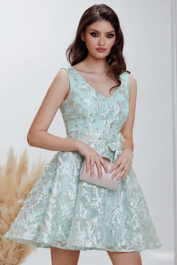 Rochie de banchet Fofy mini mint din organza cu insertii aurii