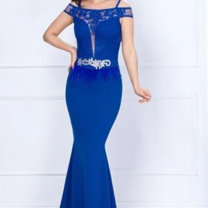 Rochie de nasa Renata albastru-royal tip sirena cu broderie si fulgi