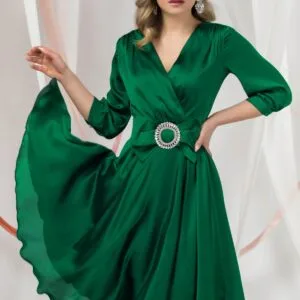 Rochie de ocazie eleganta Pretty Girl verde cu funda in talie