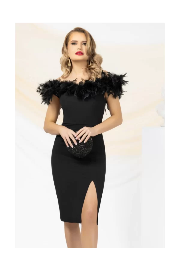 Rochie de ocazie Pretty Girl neagra cu pene si umerii goi