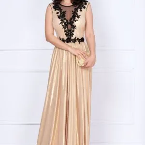 Rochie de seara Ginette gold peliculizata cu broderie aplicata