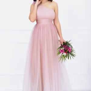 Rochie de seara Kendra lunga rose in degrade eleganta din tulle cu floare 3D