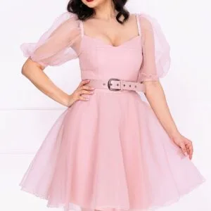 Rochie eleganta rose in clos din organza cu centura in talie