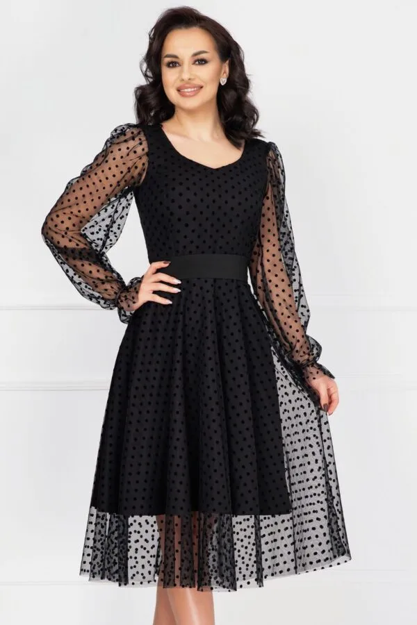 Rochie eleganta de ocazie neagra acoperita de tulle cu buline