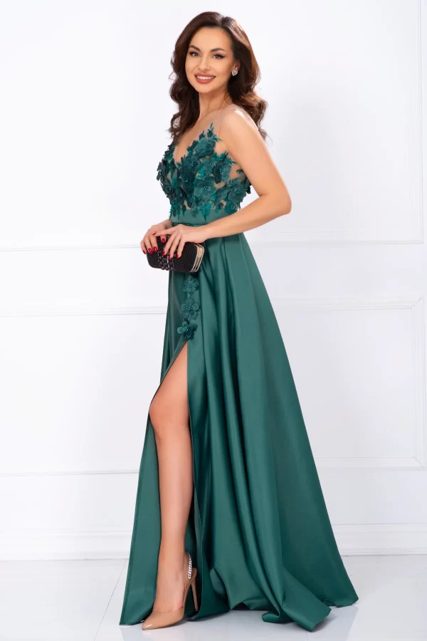 Rochie lunga Abigail verde de lux tip printesa din tafta cu flori 3D