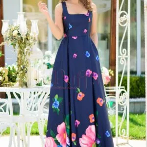 Rochie MBG de seara lunga bleumarin cu imprimeu floral