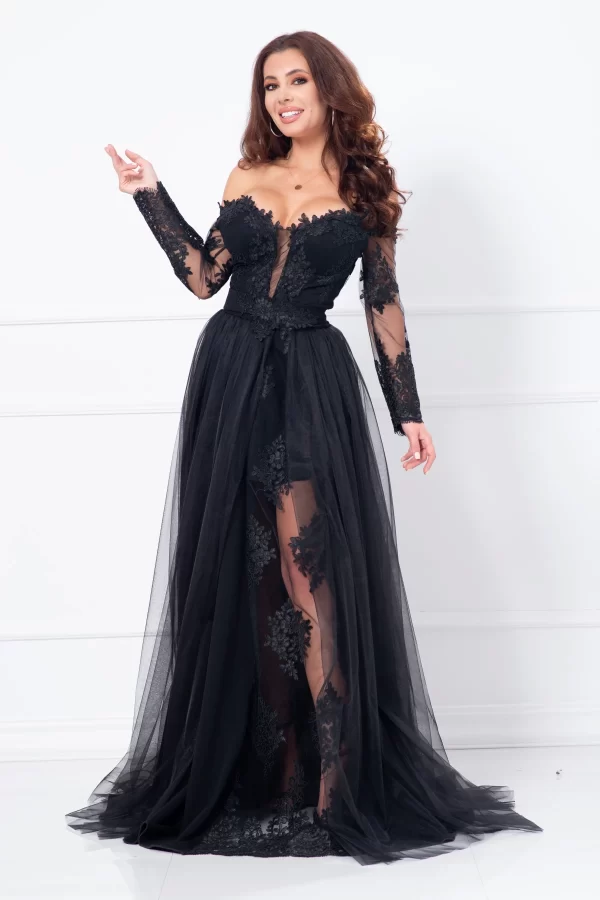 Rochie neagra de seara lunga Aurora din tulle si dantela