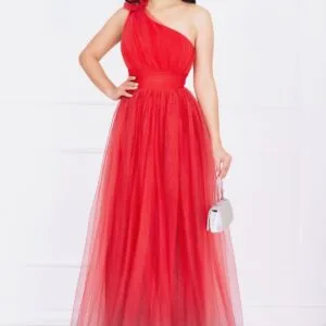 Rochie rosie de nasa Kendra lunga in degrade eleganta din tulle cu floare 3D