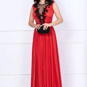 Rochie rosie eleganta Ginette lunga peliculizata cu broderie aplicata