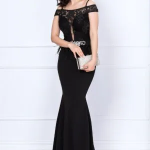 Rochie de seara tip sirena Renata neagra cu broderie si fulgi
