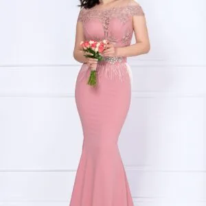 Rochie de seara tip sirena Renata roz cu broderie si fulgi