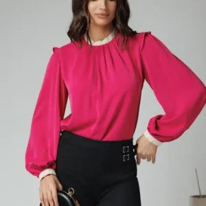 Bluza DY Fashion eleganta din voal fucsia cu dantela la guler si mansete