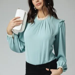 Bluza DY Fashion eleganta din voal verde mint cu dantela la guler si mansete