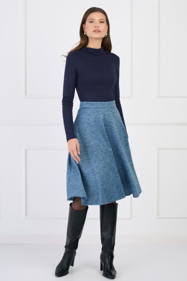 Fusta DY Fashion office midi din tricot albastra cu buzunare