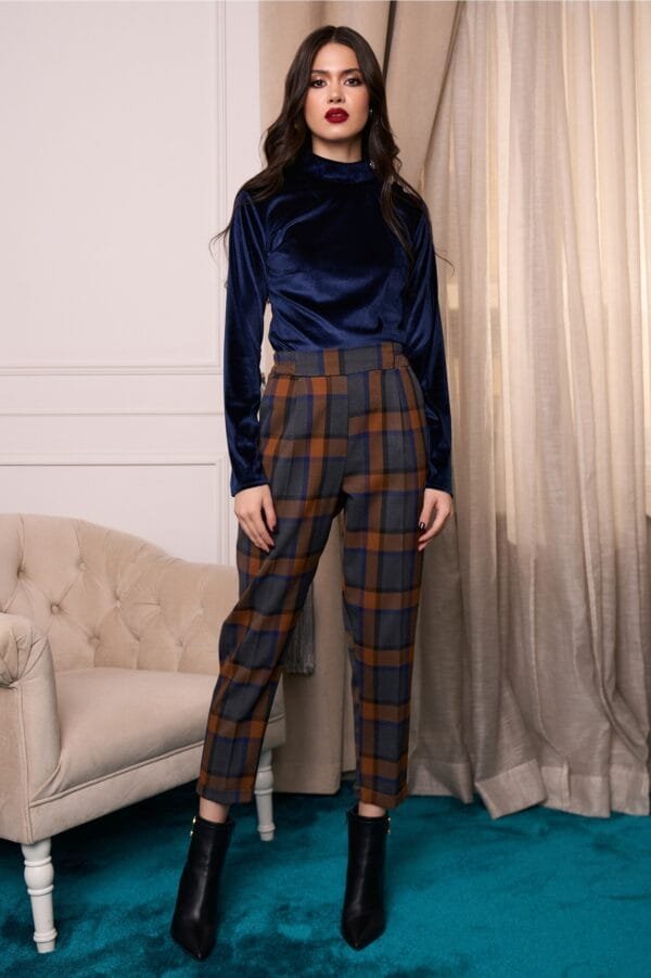 Pantaloni office din stofa bleu cu carouri maro camel