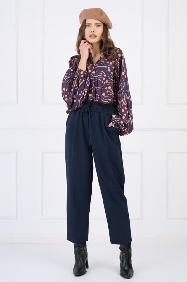 Pantaloni smart-casual din stofa bleumarin cu elastic dublu in talie