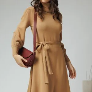 Rochie casual tricot bej cu cordon in talie