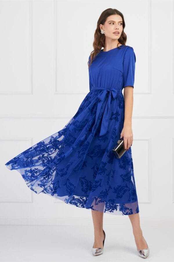 Rochie DY Fashion albastra cu fusta din tull cu insertii catifelate