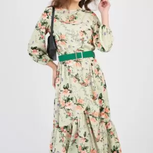 Rochie DY Fashion verde fistic cu imprimeu floral orange si curea in talie