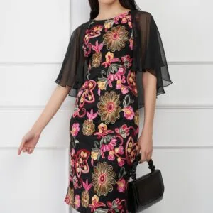 Rochie DY Fashion din dantela cu flori roz si maneci din voal