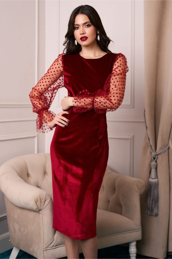 Rochie DY Fashion eleganta din catifea bordo cu maneci din tull cu buline