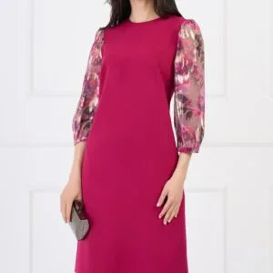 Rochie DY Fashion eleganta din stofa magenta cu maneci din voal cu print roz