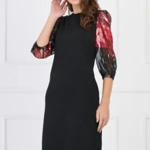 Rochie DY Fashion eleganta din stofa neagra cu maneci din voal cu print rosu