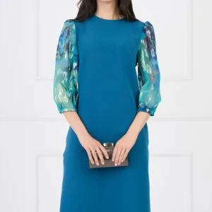 Rochie DY Fashion eleganta din stofa turcoaz cu maneci din voal cu print albastru
