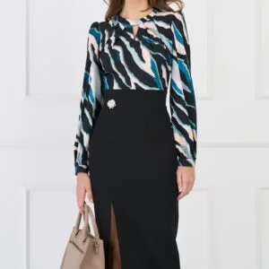 Rochie DY Fashion office cu bust din voal satinat cu print turcoaz si fusta neagra