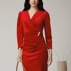 Rochie Moze eleganta din catifea rosie cu perle in talie