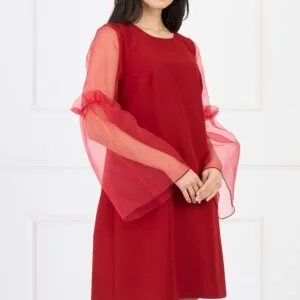 Rochie Moze eleganta din stofa rosie cu maneci clopot din organza