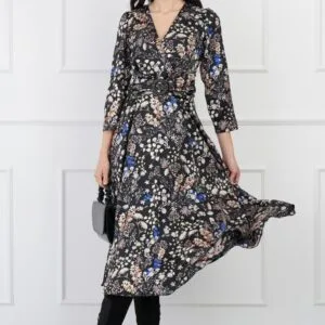Rochie Moze neagra din satin cu imprimeuri florale