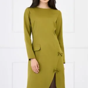 Rochie Moze office din stofa verde lime cu funde si crepeu pe fusta