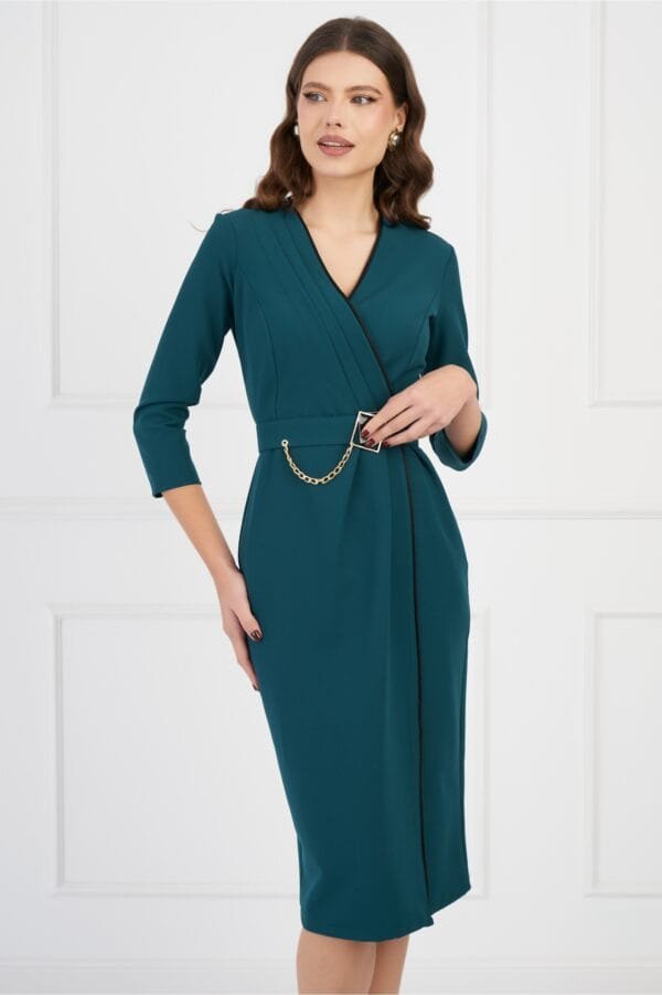 Rochie Mira verde cu dunga neagra si curea in talie