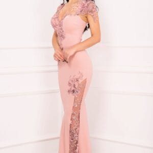 Rochie de lux sirena Esther rose cu flori brodate cu paiete si fulgi