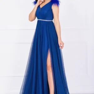 Rochie de seara Gratiela albastru royal cu perle in talie si accesoriu tip fulgi