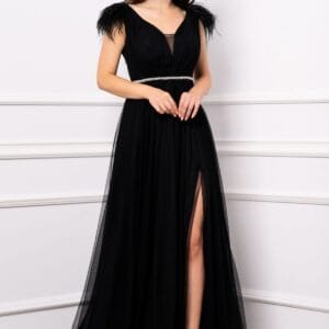 Rochie de seara Gratiela neagra cu perle in talie si accesoriu tip fulgi