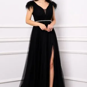 Rochie de seara Gratiela neagra cu perle in talie si accesoriu tip fulgi