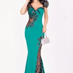 Rochie de seara tip sirena Sherrel verde cu flori din paiete argintii