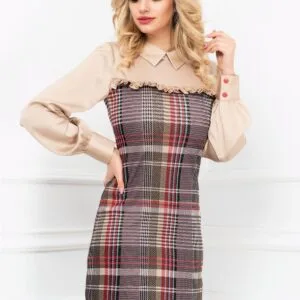 Rochie InPuff de zi cofee cu carouri si maneci lungi din voal