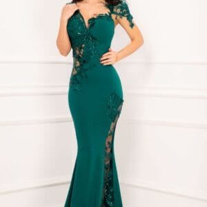Rochie eleganta lunga Esther de seara verde cu flori brodate si fulgi