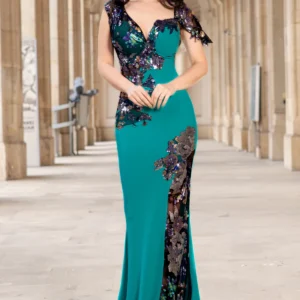 Rochie eleganta tip sirena Kany aqua cu model din paiete si flori pastelate