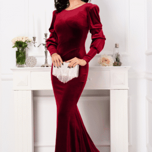 Rochie lunga tip sirena Thea rosie din catifea cu maneci fronsate