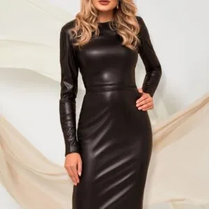 Rochie Pretty Girl neagra din piele ecologica cu detalii impletite