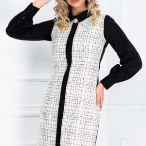 Rochie office eleganta cu imprimeu carouri si brosa detasabila