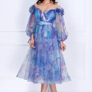 Rochie pretioasa de ocazie Josephine bleu cu imprimeu tip pictura