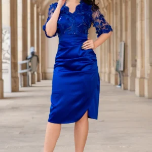 Rochie de ocazie conica albastra Catlyn cu bust din flori brodate