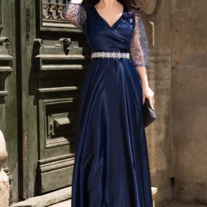 Rochie de seara bleumarin Giorgia lunga din tafta cu maneci paietate