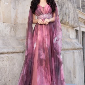 Rochie de seara lunga Alessandra cu imprimeu tip pictura in nuante pastelate